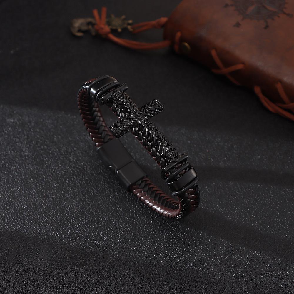 Vintage Alloy Cross Men's Braided Leather Bracelet Handwoven Cowhide Wristband Fashion Creative Jewelry Adjustable Size