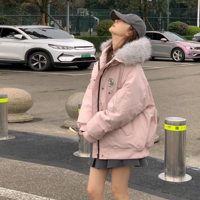 New winter coat, large cold-proof and warm fur-collared cotton-padded jacket, women's short thickened loose cotton-padded jacket.