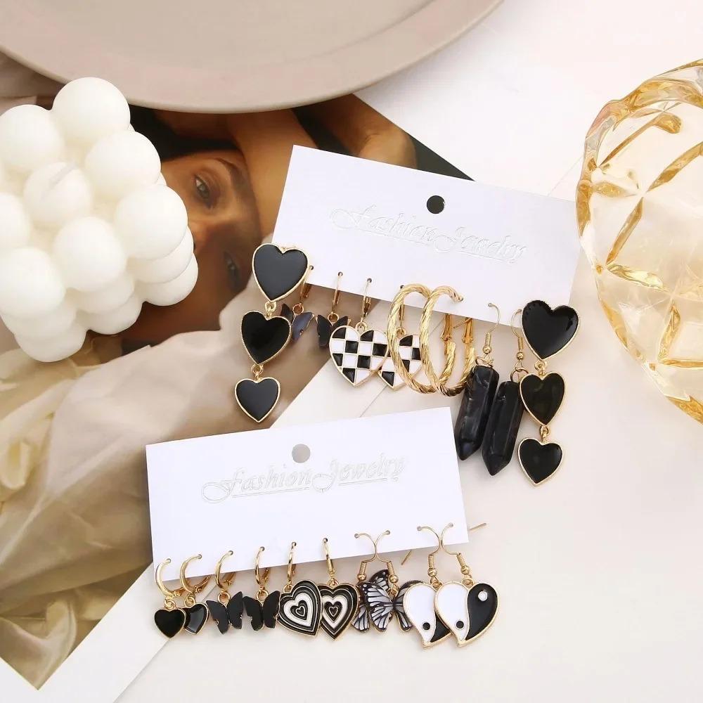 12Pcs Classic Fashion Butterfly Heart Drop Dangle Earrings for Women Charm Gold Color Enamel Pearl Hoop Earring Punk Jewelry Set