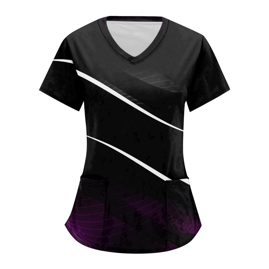 Women's Stripe Geometry Printed Short Sleeve V-neck Tops Working Pocket Blouse