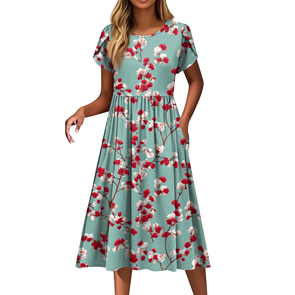 Women's Fashion Casual Loose Floral Print Round Neck Pocket Short Sleeve Dress