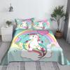 Multi colored unicorn bed sheet 3D printed cartoon polyester bed sheet with pillowcase, children's bedding gift set in full size