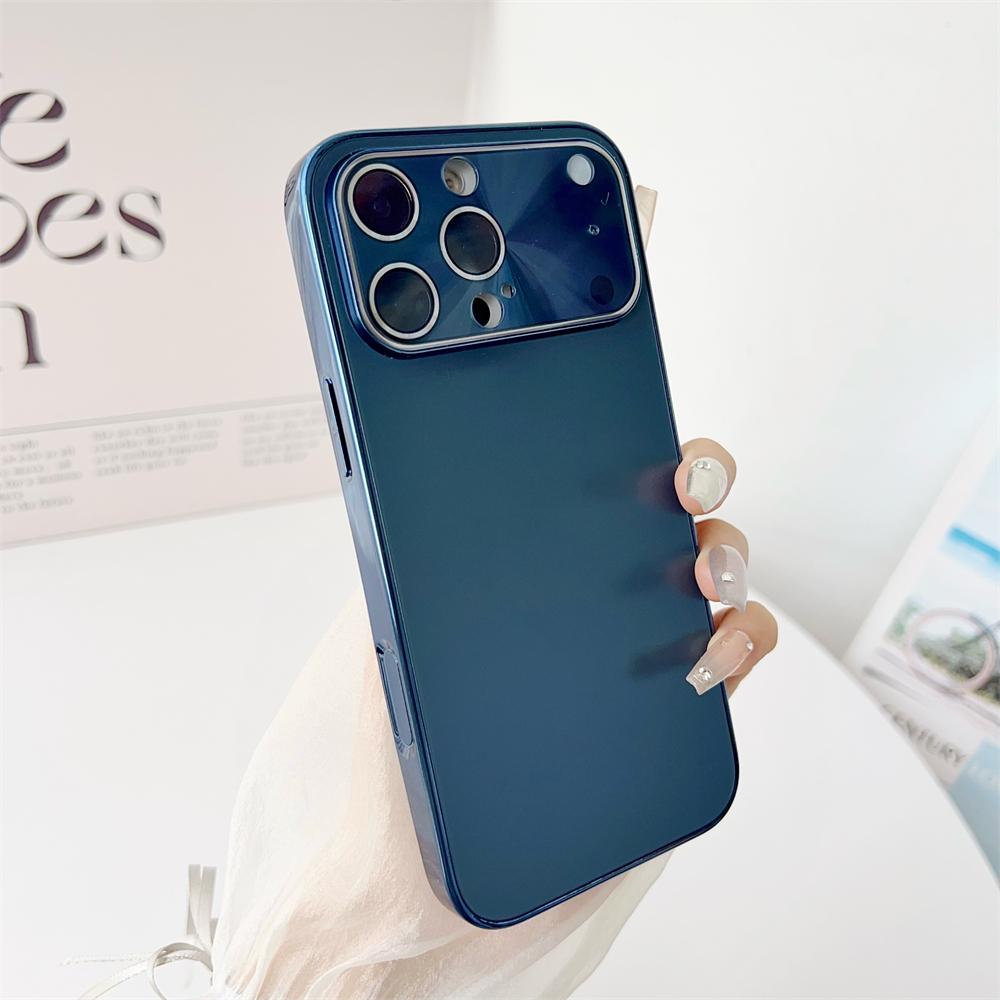 Glass Large Window Lens Protect Case For iPhone 17 16 15 14 13 12 Pro Max Plus Solid Color Shockproof Phone Cover Coque