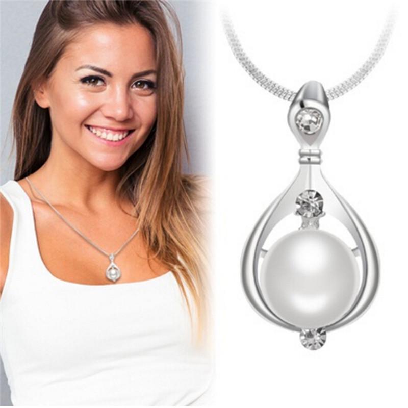 Fashion Jewelry Silver Plated Crystal Pearl Pendant Necklace Chain Women Gift