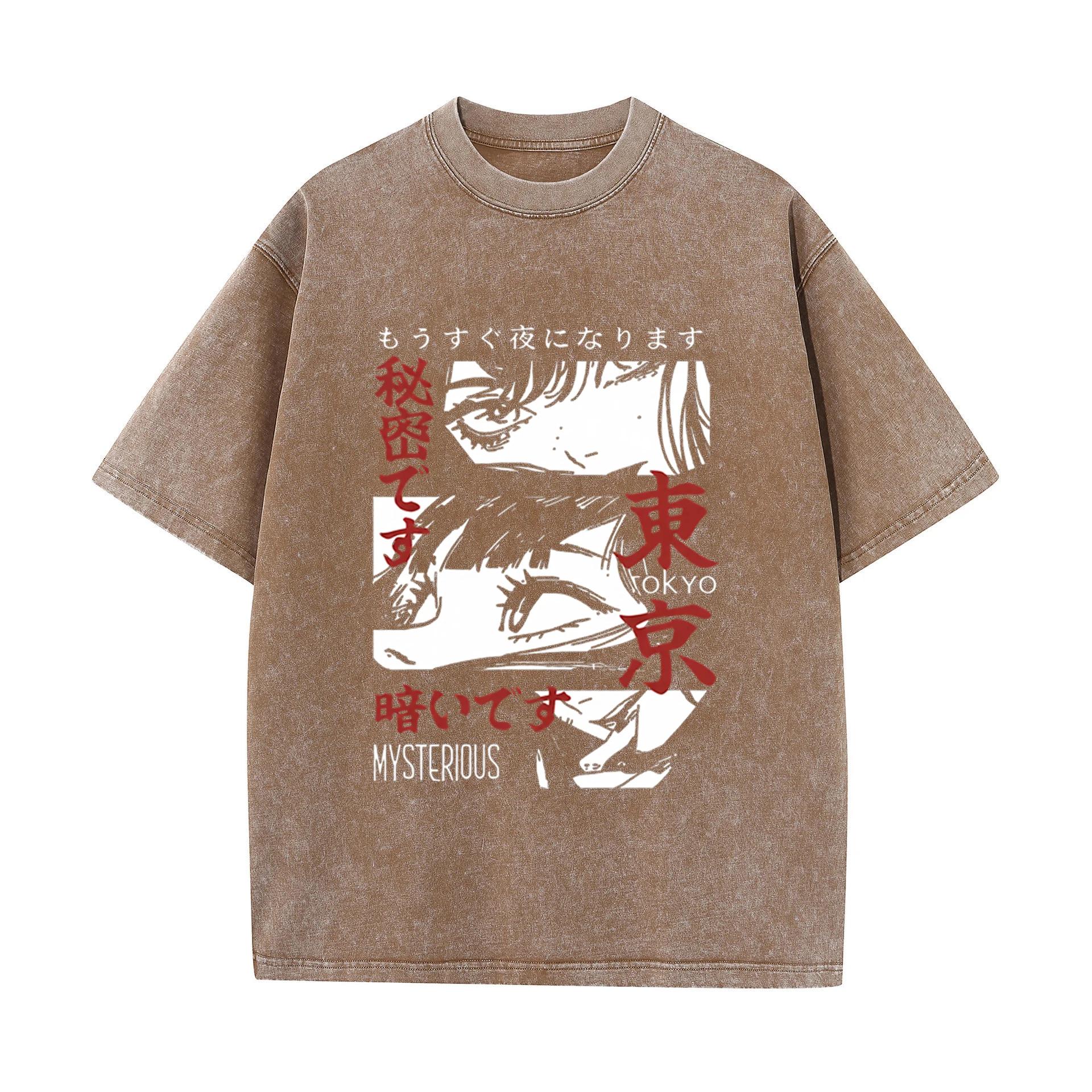 Men Vintage Washed Japanese Anime Tokyo Mysterious Eyes Graphic T Shirt Oversized Short Sleeve Streetwear Tee Top S
