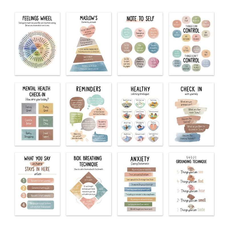 

12 шт. Плакаты по психическому здоровью - Печатные образовательные плакаты-публикации, Вдохновляющие цитаты для дома и рабочего места для ментальной терапии