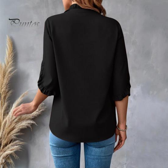 Damen T-Shirt V-Ausschnitt Rüschenbesatz Patchwork Blütenblattärmel Einfarbig Oberteile Lockerer Schnitt T-Shirt Lässig Büro Reisehemd