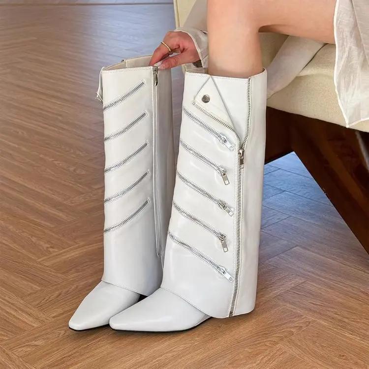 Designer Zipper Knee High Boots Women New 2024 Fashion Pointed Toe High Tube Knight Long Boots Autumn Winter Women Trouser Boots