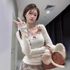 Gray Lace-Stitched Long Sleeve Top: 2024 Spring/Autumn Niche Women's Shirt