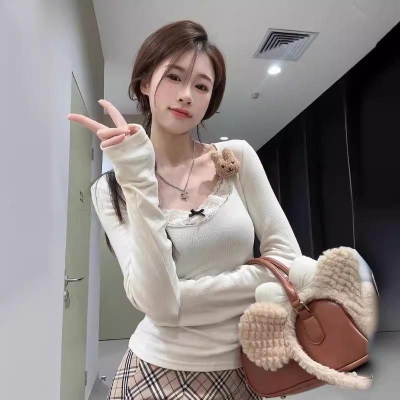 Gray Lace-Stitched Long Sleeve Top: 2024 Spring/Autumn Niche Women's Shirt