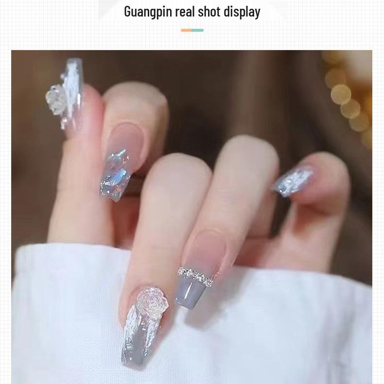 

3D Floral Long Nail Tips with Diamonds - Elegant and Seamless Soft Gel Nail Art