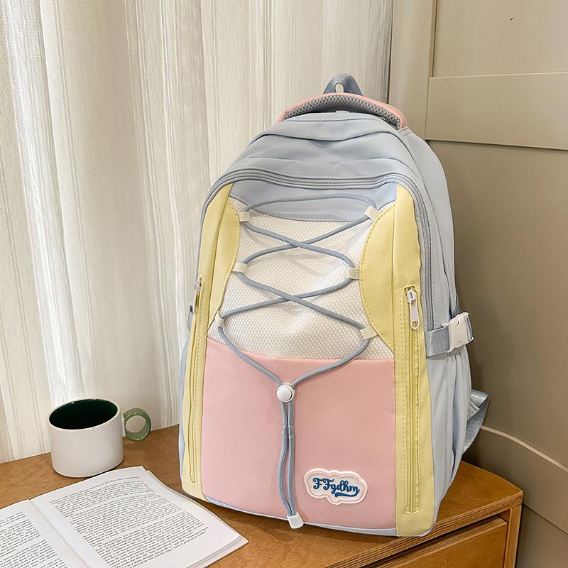 New high-value Mori ins sweet contrasting color splicing schoolbag for women, junior high school students, light travel backpack for women