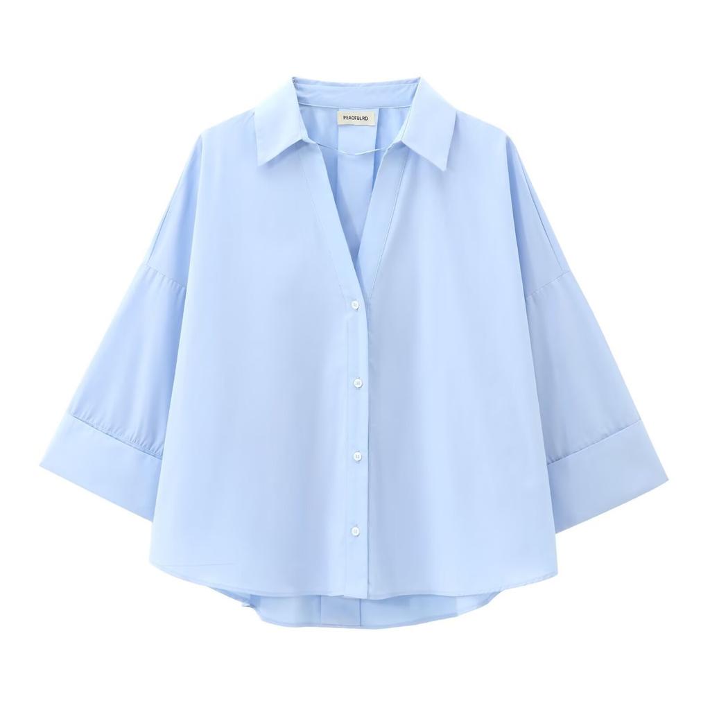 1116 spring and summer new European and American style women's loose sleeve lapel solid color casual poplin shirt 8191111