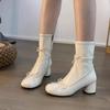 Round Head Niche Design French Ballet Heightening Bow Thin Boots Women's Thick Heel Side Zipper Small Short Boots