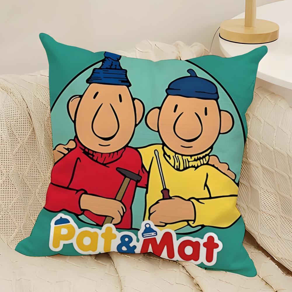 Klassische Reto Cartoon P-Pat & Mat 2 Kissenbezug Natürlicher Leinen Doppelseitiger Druck Sofa Heimdeko Kissenhülle