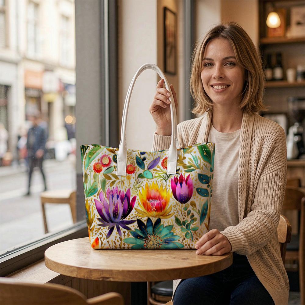 Watercolor Floral Casual Women Shoulder Tote Bag Fashion Portable Daily Lightweight Shopping Handbag
