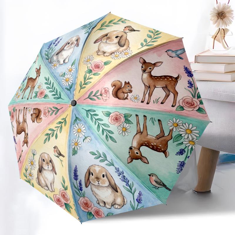

1pc Sturdy 8-Bone Auto Umbrella, Cute Pale Hedgehog Floral Umbrella, Digital Printed, Foldable Umbrella for On-the-Go Outdoor Use