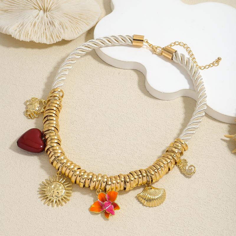 Vintage Handmade Charm Cord Necklace For Women Golden Ocean Animal Pendant Rope Chain Jewelry Summer  Wearing Gift