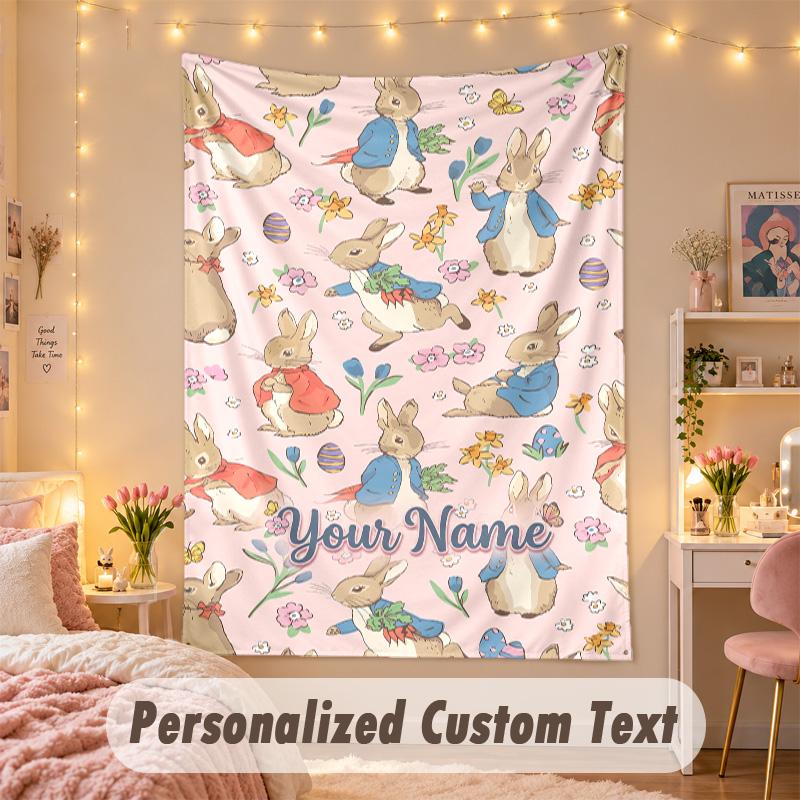 Custom Personalized Tapestry,Peter Rabbit Print Custom Name Text Wall Art Hanging for Bedroom