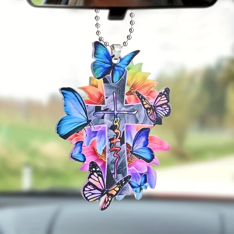 Cross Car Pendant Car InteriorDecorations Christian Religion Blue Butterfly Hanging Ornament Keychain Car Interior Accessories