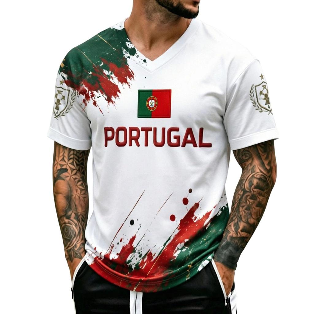 Men's V Neck Short Sleeve Shirt Soccer Print Fan Tee World Cup Sportswear Casual Top for Outdoor Activities and Daily Wear