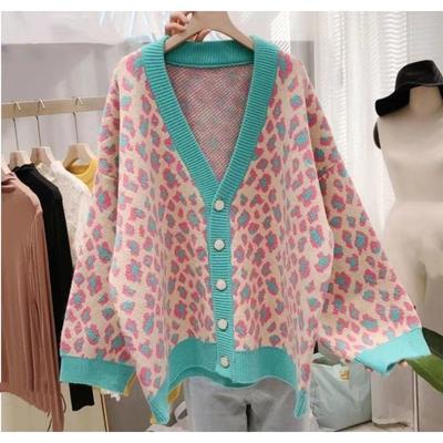 Women's Autumn and Winter Large Size Leopard Print Cardigan Medium Long Loose Sweater