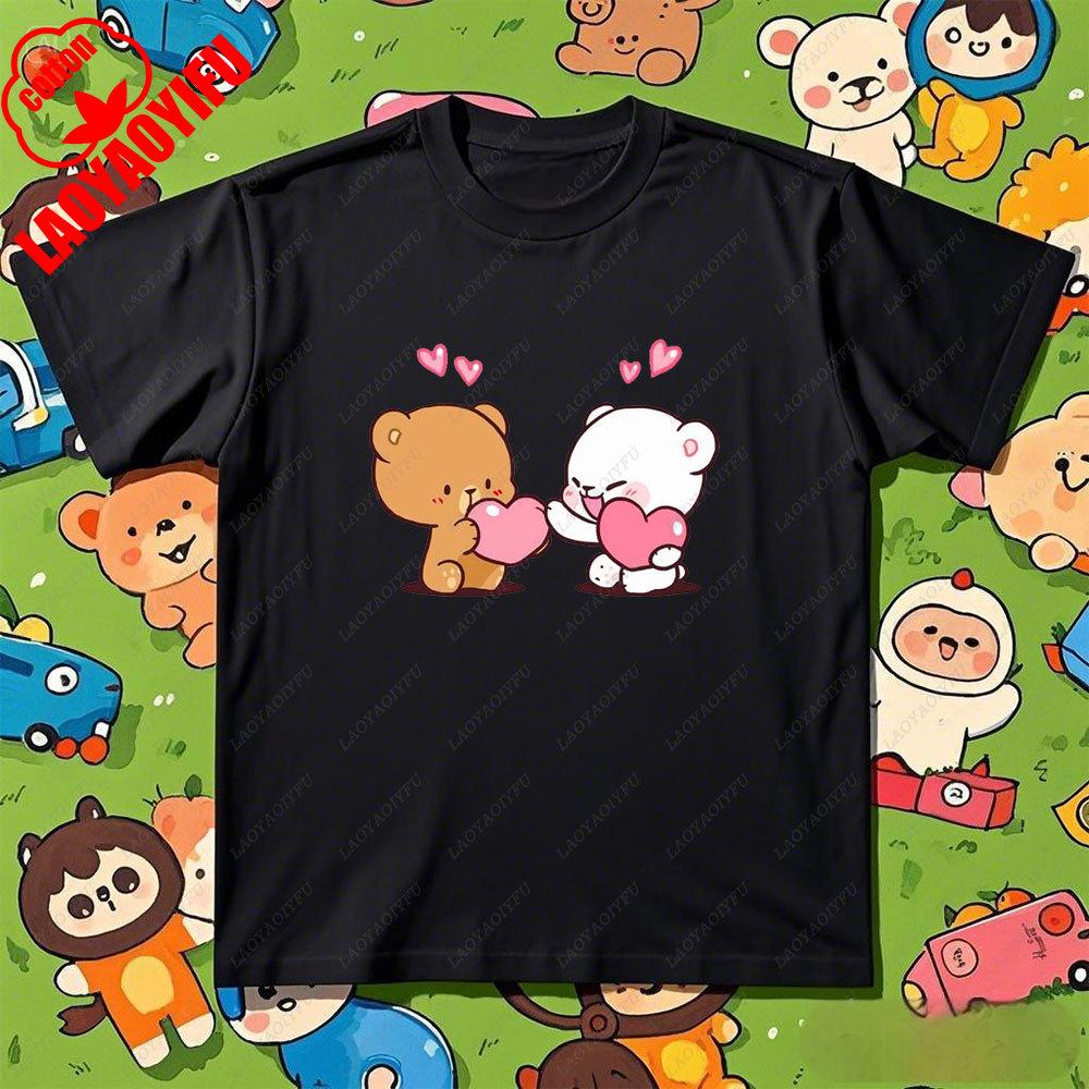 Kawaii Couple Tshirt Matching Milk and Mocha Cartoon Anime Print Cotton Unisex Women TShirt Couple Tee Summer Casual Shirt Tops