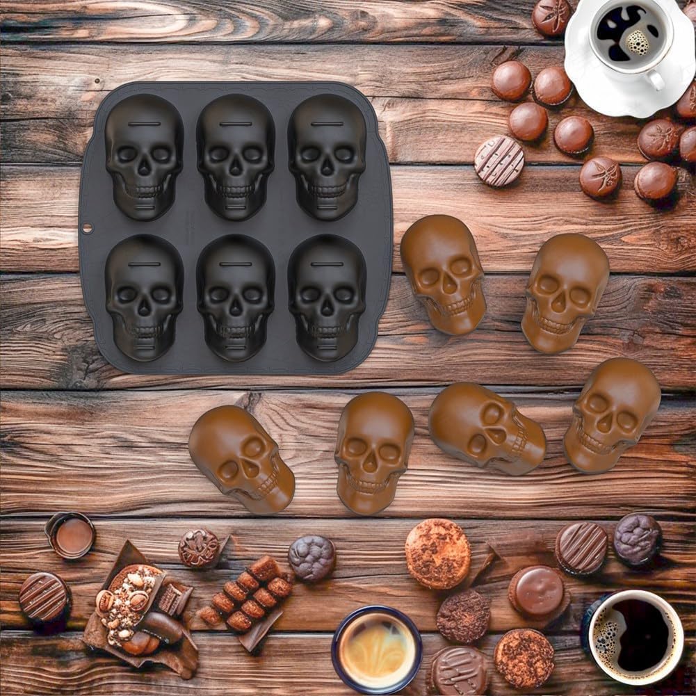 Halloween Skull Cake Pan Silicone Mold, 6 Cavities Pirate Skull 3D Silicone Mold Baking Pan,Black Easy To Use