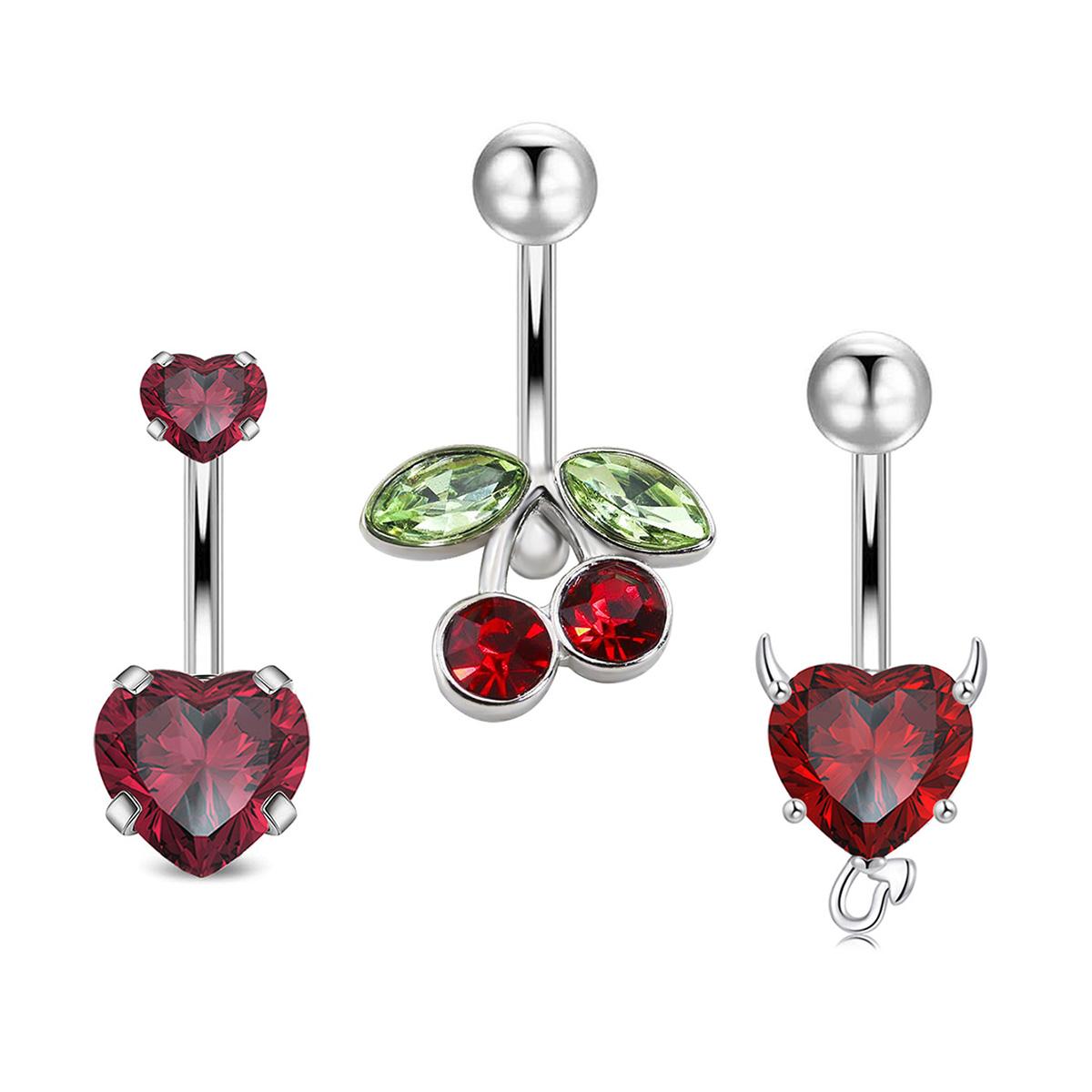 

3pcs/Set Stainless Steel Color Cubic Zirconia Navel Rings Round Butterfly Heart Cherry Shapes Fashion Body Piercing Jewelry