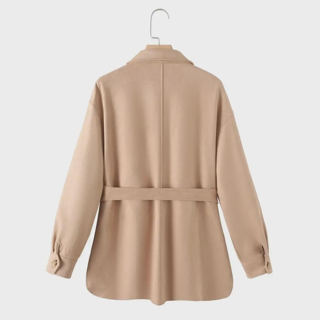 Women's Suede Lapel Jacket & Elastic Waist Straight Pants Set