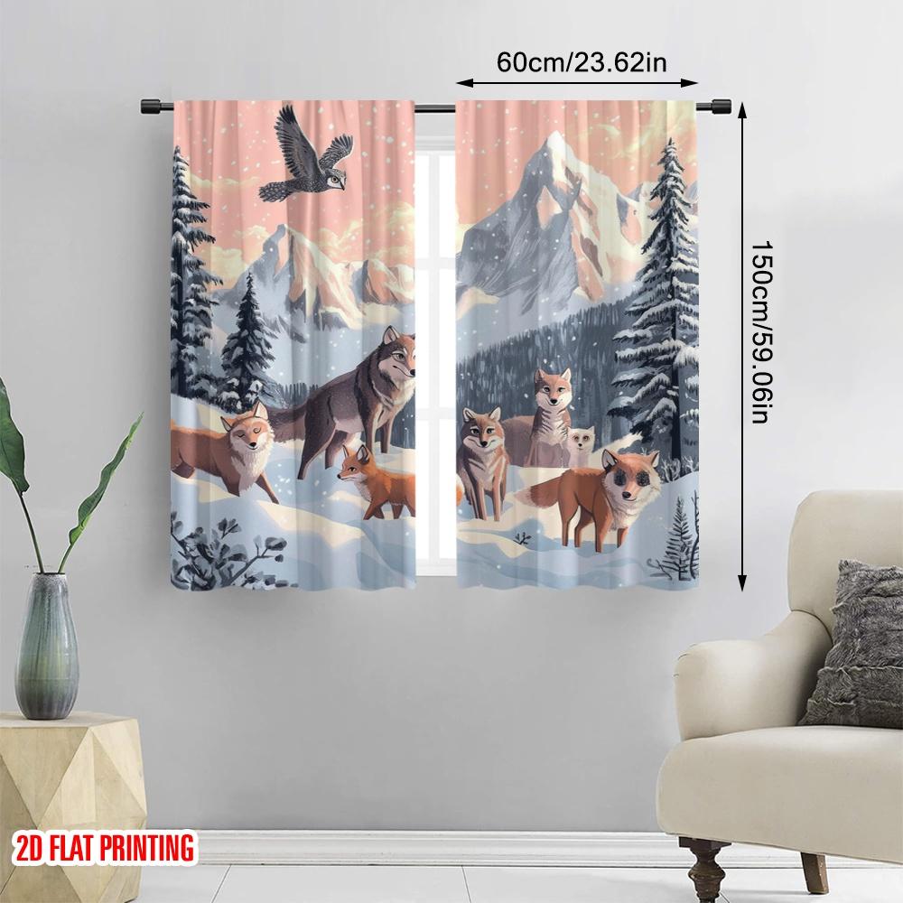 2pcs,2D Plane Printing Curtains&Window Treatment Winter Wolves Versatile Polyester (without Rod) Decorations For Home Ldeal for