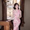 New Chinese-style Improved Cheongsam Women's Long Slim and Thin Pink Floral Sleeveless Dress Spring and Summer New Retro Style