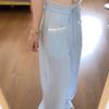 Blue Lace Trim Patchwork Wide Leg Pants for Women Design Striped Elastic Waist Casual Straight Pants