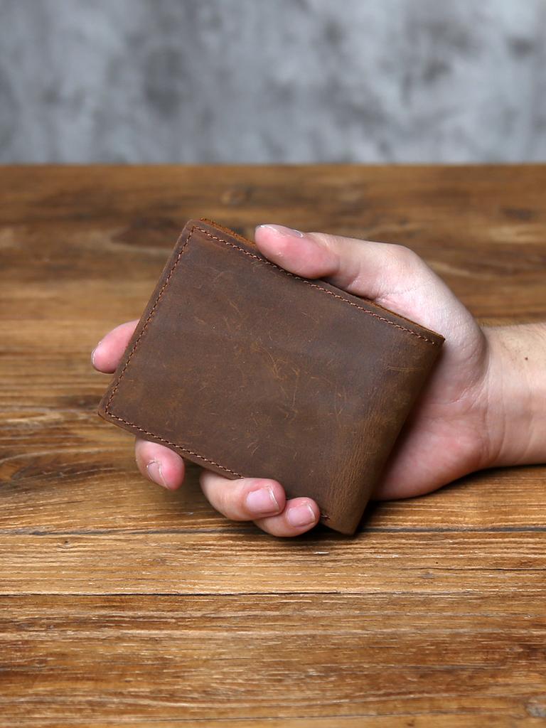 NZPJ Retro Men's Genuine Leather Wallet Top Layer Cowhide Short Wallet with Crazy Horse Leather Zero Wallet Card  ID Bag