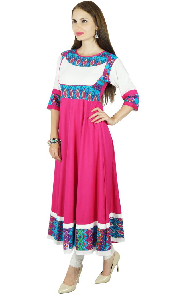 Bimba Women Pink Anarkali Kurti Long Flaired Rayon Kurta Indian Ethnic