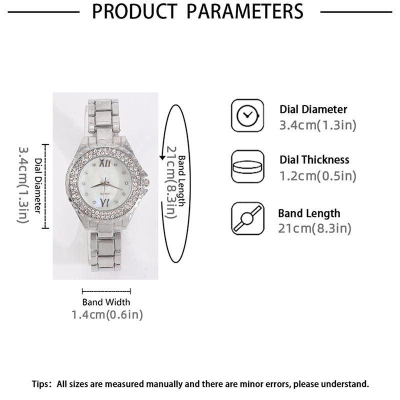 5PCS Personalized Luxury Silver Pointer Quartz Watch Women's Square Pendant Necklace with Diamond Earrings Ring Set for Girls