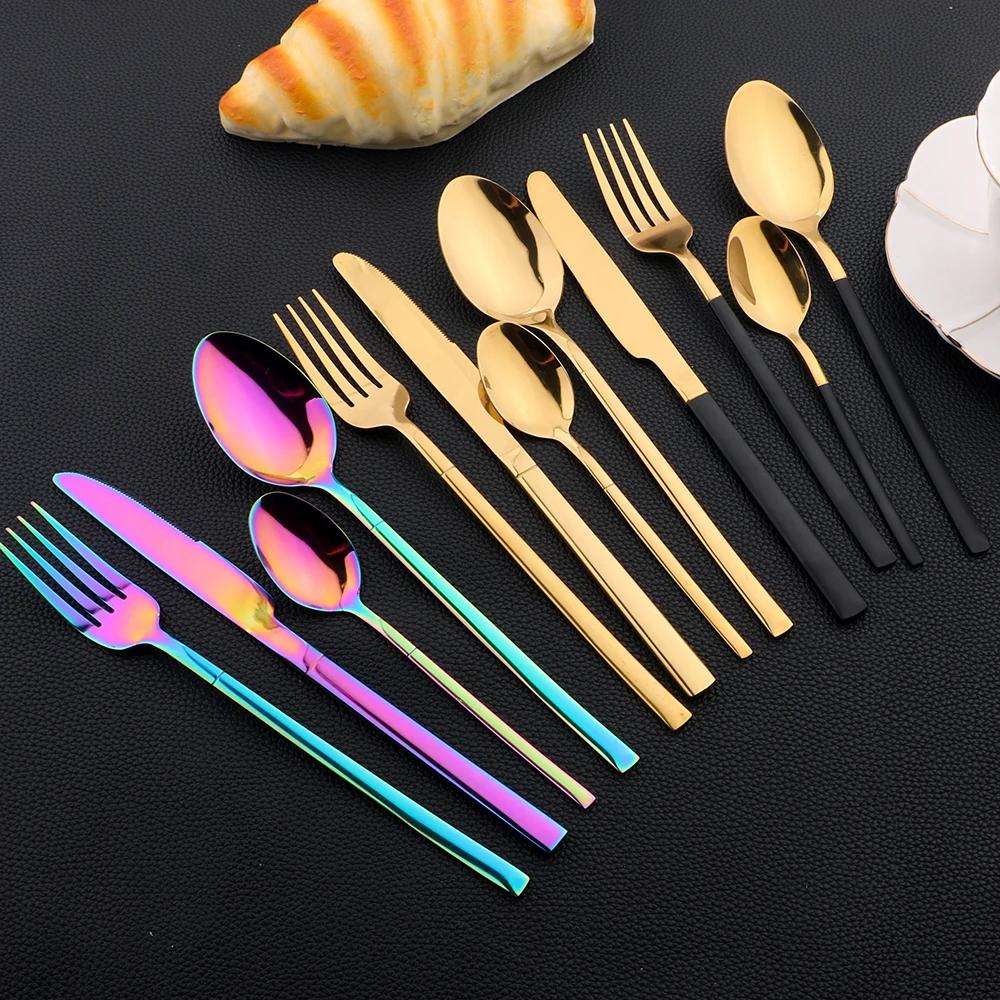 24Pcs Gold Tableware Sets Stainless Steel Cutlery Knife Tea Fork Coffee Spoon Flatware Dishwasher Safe Dinner Kitchen Dinnerware