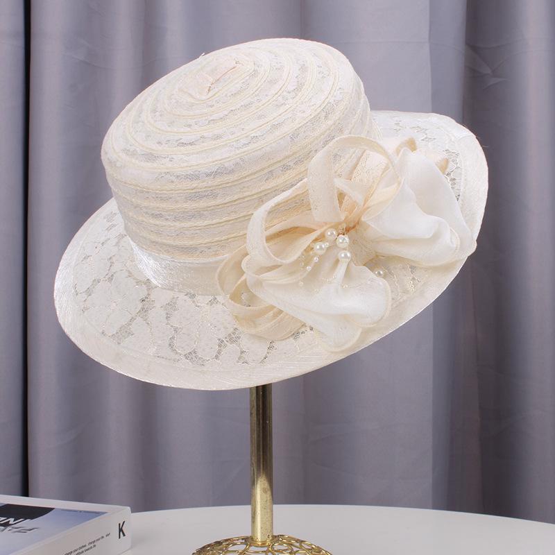 Summer beige top hat women's French retro fashion flat top straw hat breathable lace flat brim sun protection visor hat