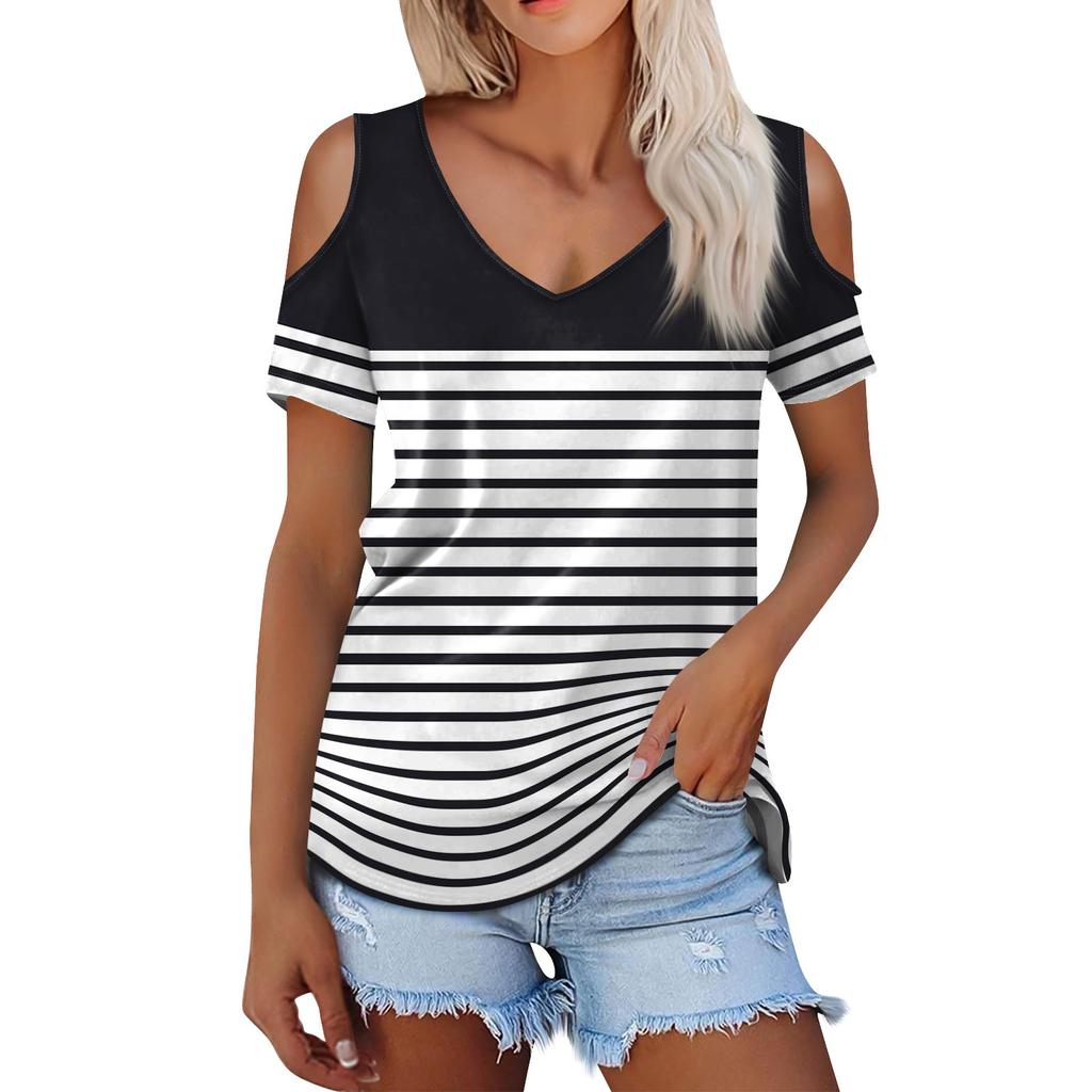 Women's Summer Fashion Casual Printed Off-Shoulder V-Neck Short Sleeve T-Shirt Top