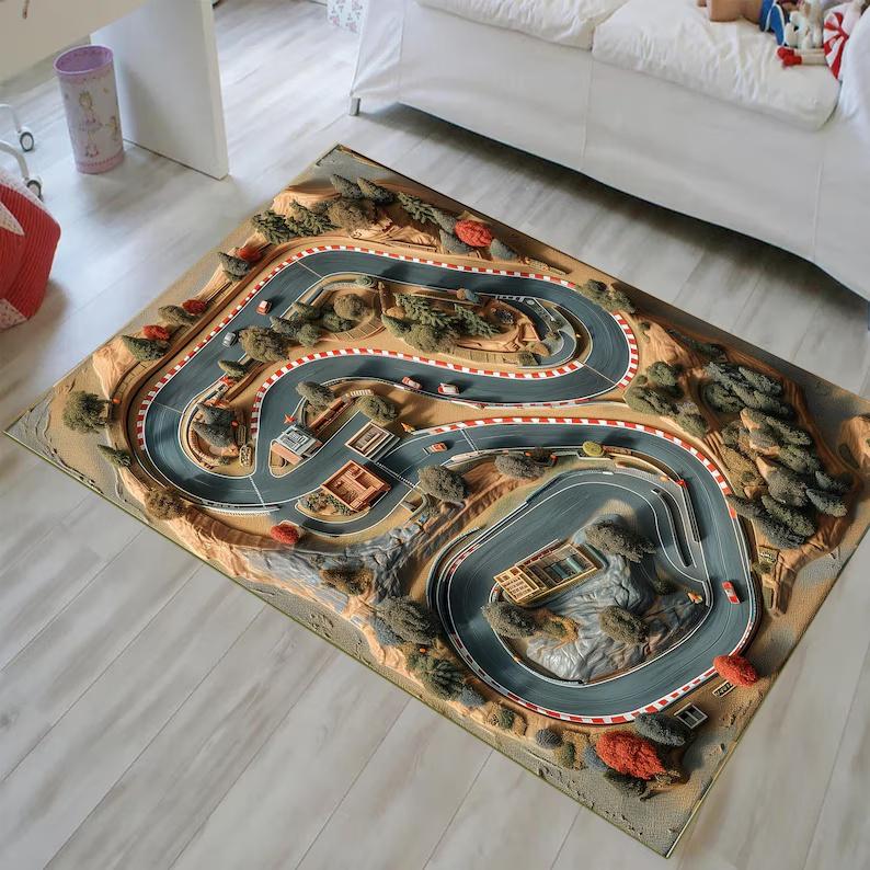 Creative Racing Track Carpet Children's Game Crawling Mat Racing Track Print Carpet Soft Decorative Living Room and Bedroom Rug