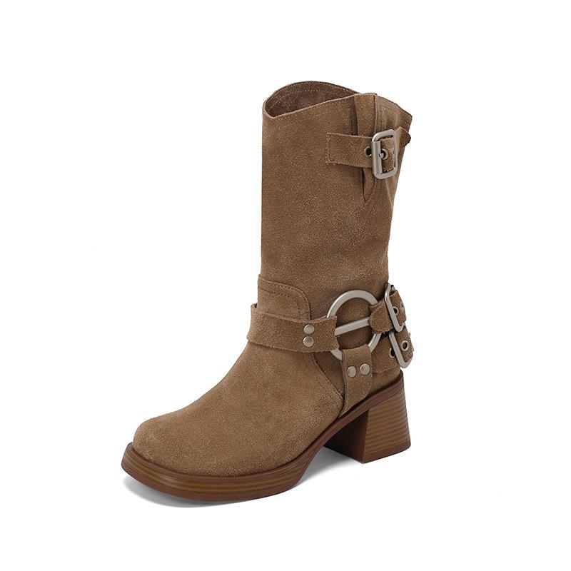 

Cowhide version stacking boots women s thick heel wrinkled western cowboy boots 2025 new brown medium boots suede short boots 34