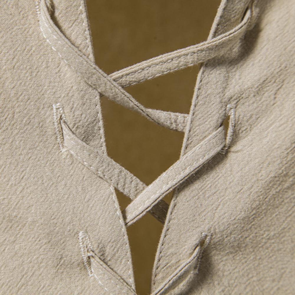 Pánské plátěné košile s dlouhým rukávem, šněrování, výstřih do V Ležérní halenka Jaro Léto Tenká přední Trička Topy Prodyšné Muži Oblečení