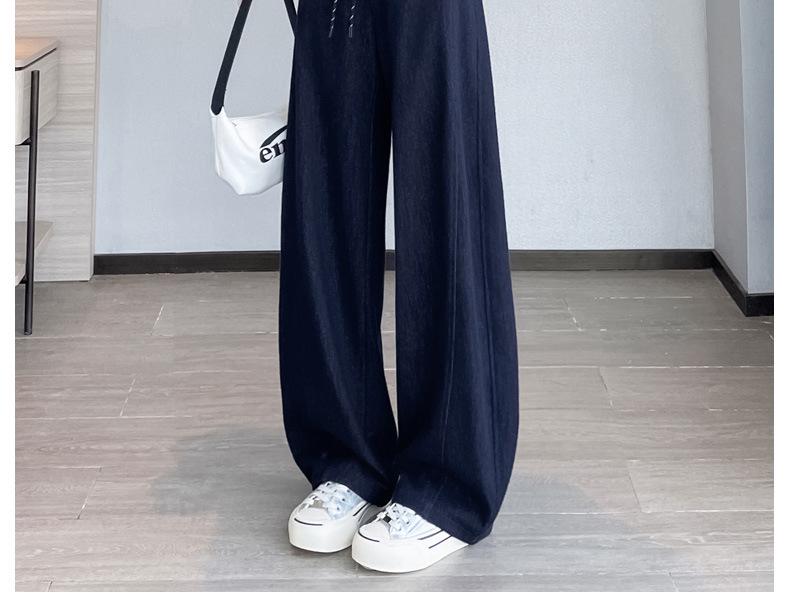 Women's Blue High-Waisted Slim-Fit Wide-Leg Pants - Pear-Shaped, Slimming, Loose Casual Trousers for Autumn 2025.