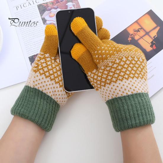 Winter Gloves 1 Pair Thickened Warm Full Fingers Touch Screen Ribbed Cuffs Women Striped Splicing Double Layer Fleece Lining Knitting for Cold Weather