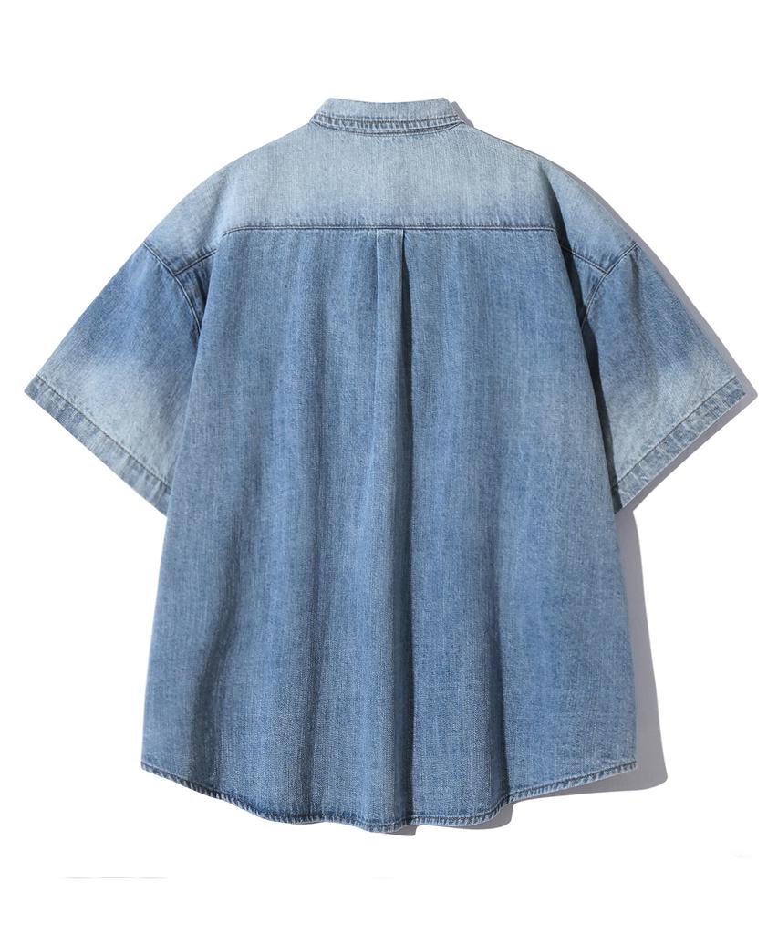 TRILLION Rain Slub Washed Oversized Denim Short Sleeve Shirt (Sky Blue)