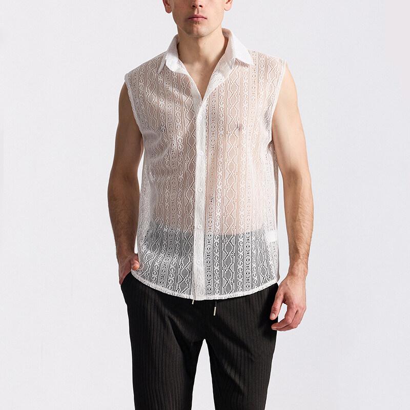 

Летняя мужская сетчатая кружевная трикотажная рубашка уличная одежда без рукавов танцевальные рубашки перспектива ночные клубы диско топы для выступлений US XXL белый