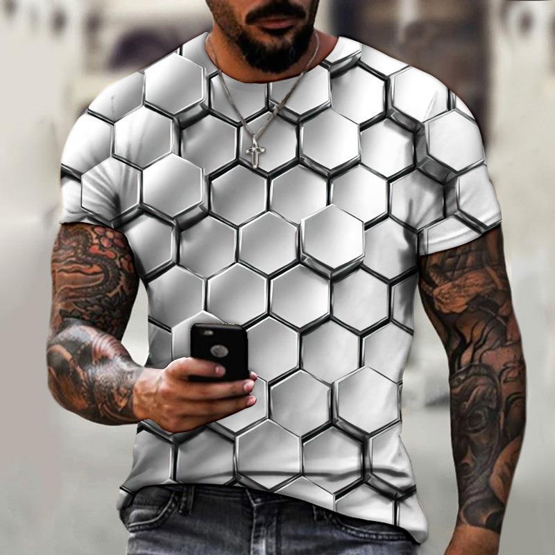 2025 New Men's Personalized Honeycomb 3D Digital Printed Casual Short Sleeve Top T-shirt