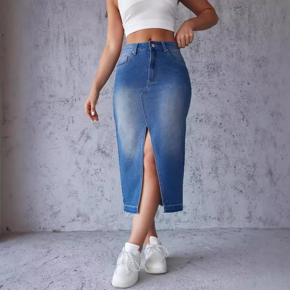 

Модная синяя джинсовая юбка с разрезом, прикрывающая бедра, длинная юбка А-силуэта XL синий