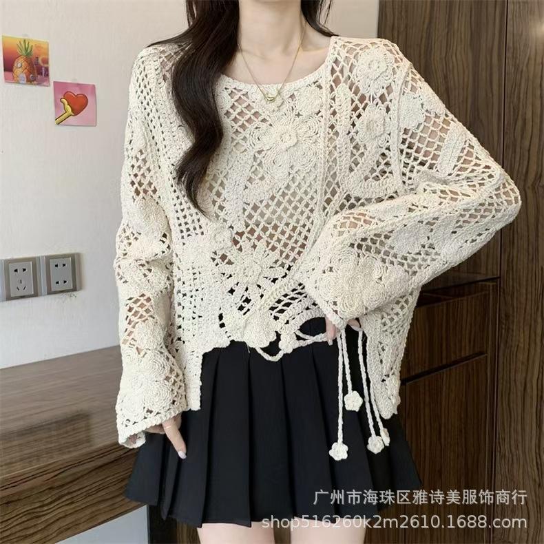 Fashion loose and thin hollow crochet knitted sweater women's new foreign style unique chic cardigan long-sleeved top
