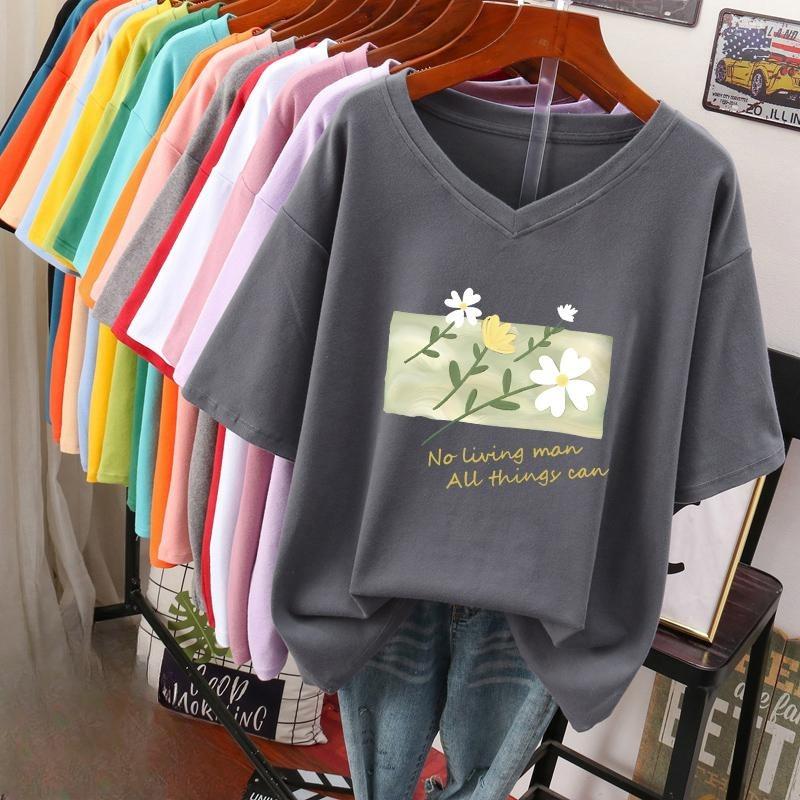 Short-sleeved T-shirt for Women, Large Size, Loose and Slimming, Printed V-neck Top